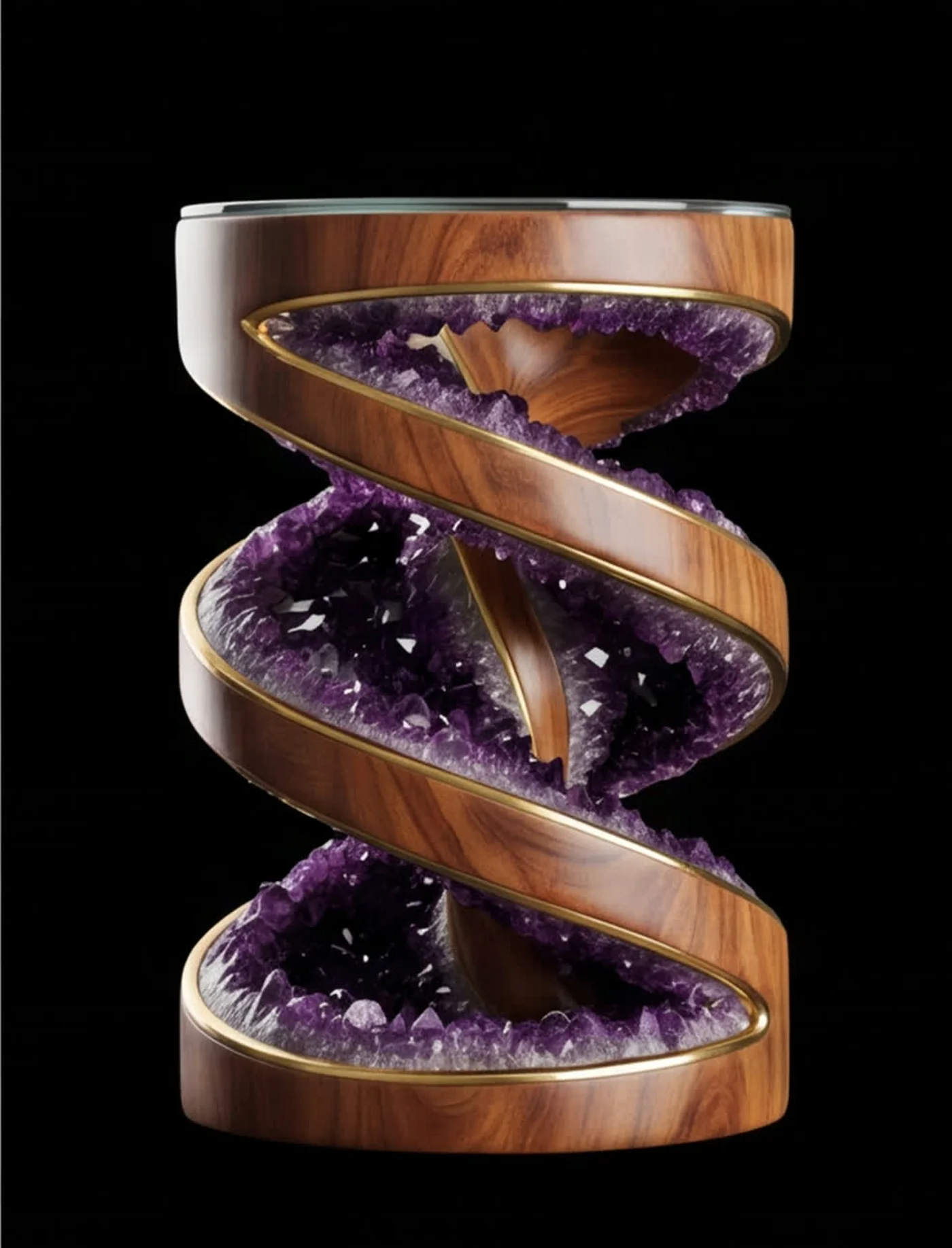 Imagen maestra generada con Nano Banana Pro: mesa auxiliar espiral de madera con una geoda de amatista en bruto revelada en cada nivel