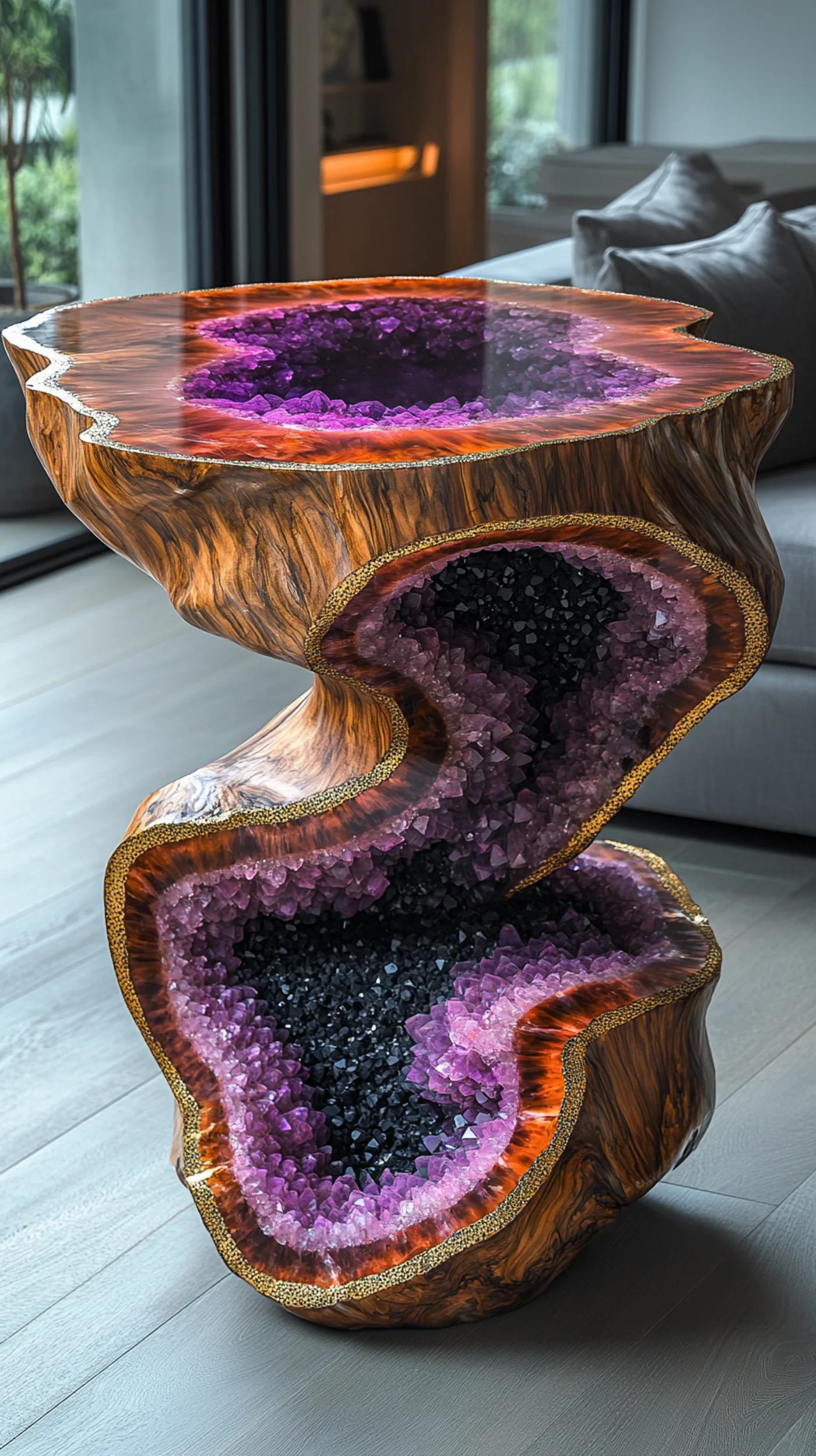 Mesa auxiliar espiral de madera con geoda de amatista en bruto revelada en cada nivel